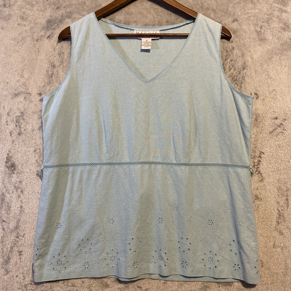 Maggie McNaughton Top Sz 1X Aqua Linen Blend Eyelets Embroidery Beachy Boho